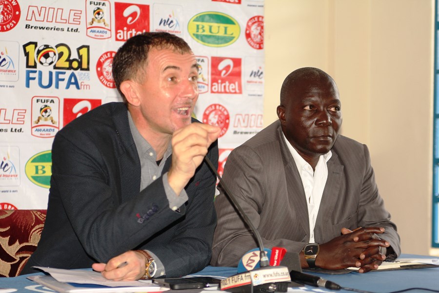Coach Micho and his assistant Moses Basena during the press conference at Mengo on Wednesday