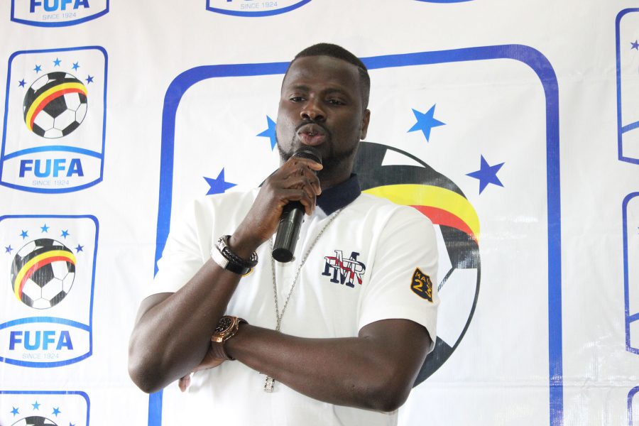 Emmanuel Eboue while addressing the media at FUFA House, Mengo