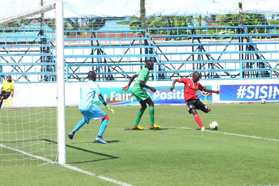 Uganda U17 forward Kakaire Thomas scoring his first goal against South Sudan.