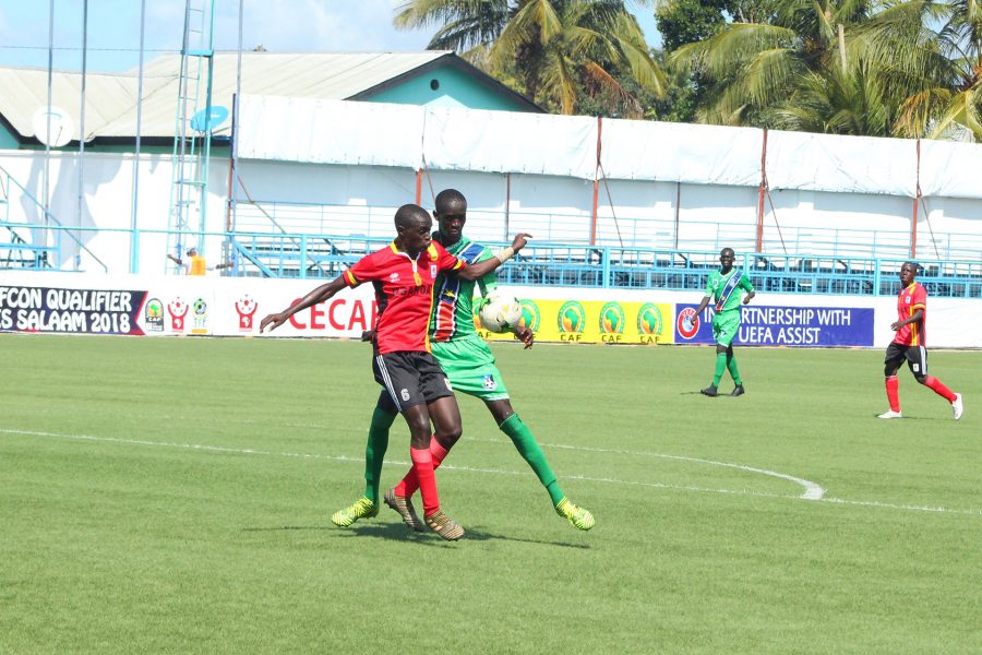 Uganda U17 midfielder Sekajja Davis (Red) in action during the match against SouthSudan