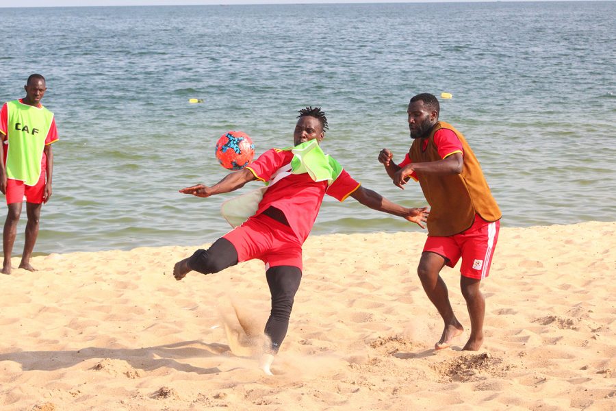 Lwesibawa (with the ball) and Katwe Allan in action druing training