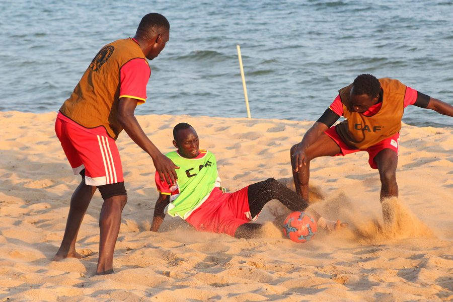 L-R; Kimuli Tom, Ochen Ben and Somoka Roch during training at spena